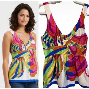 Tibi‎ Y2K Size 6 Silk Multicolor Print Babydoll Top Maximalist Dopamine 60s